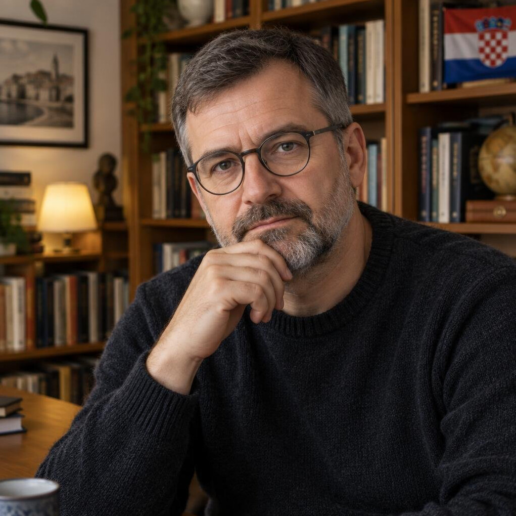 Portrait of a middle-aged Croatian male writer with glasses sitting among books